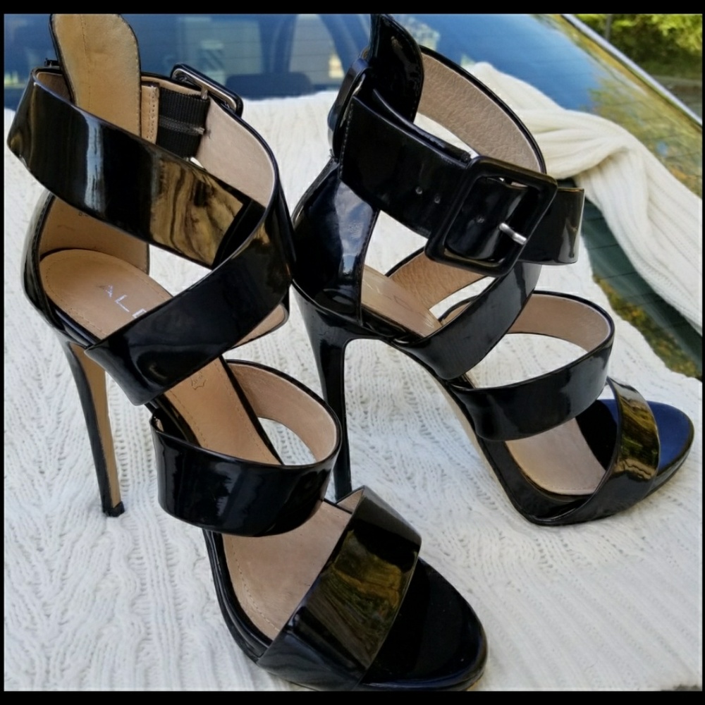 Black 'Aldo' genuine leather cross-strap heels